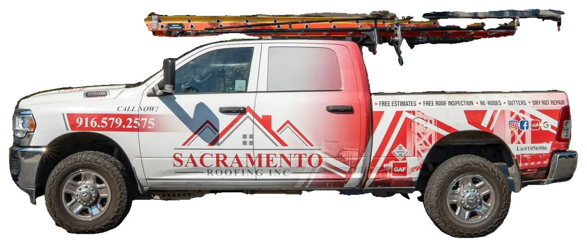 Sacramento Roofing Inc branded service truck equipped with roofing ladders