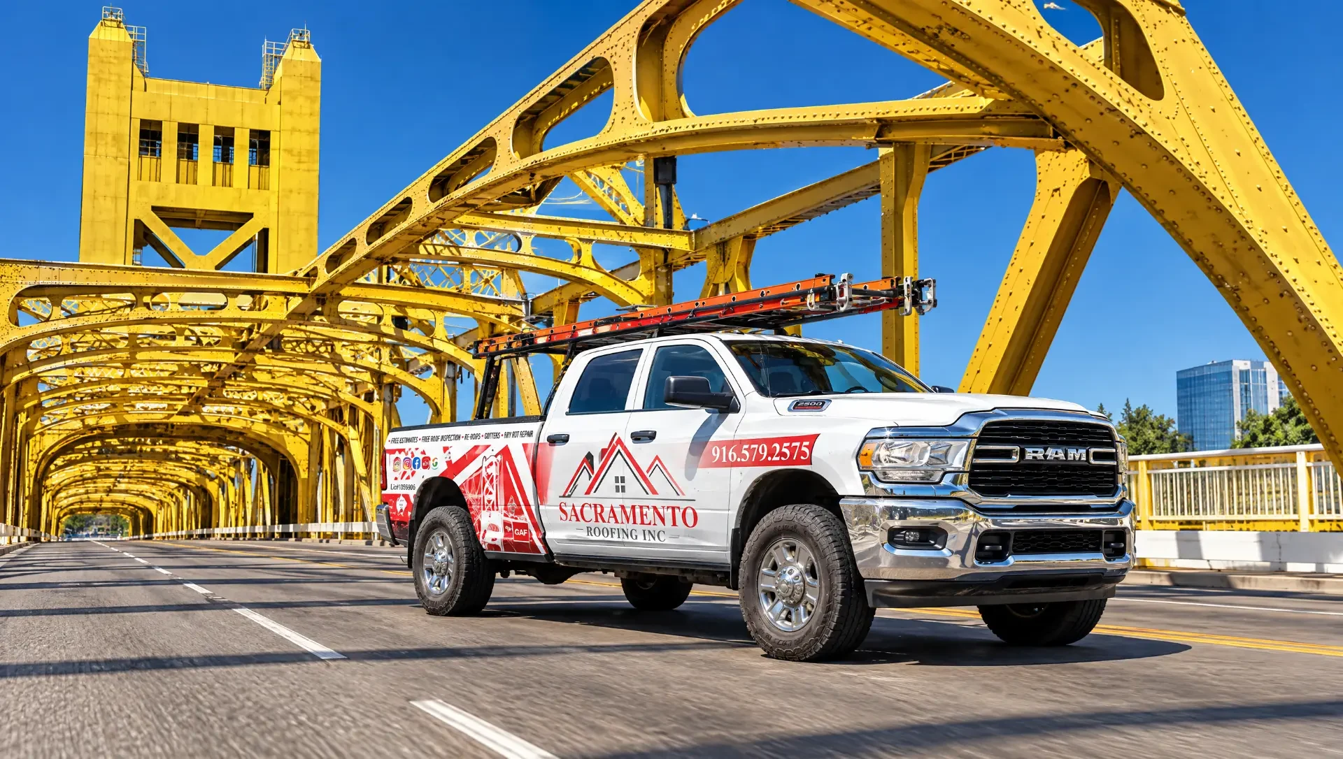 Sacramento Roofing Inc service truck on Sacramento's Tower Bridge