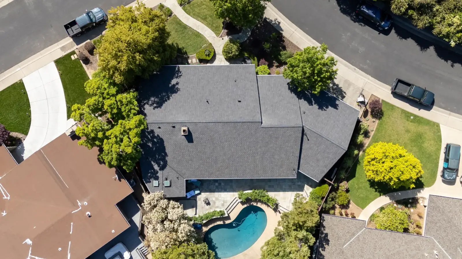 Aerial view of Sacramento home with professional roofing